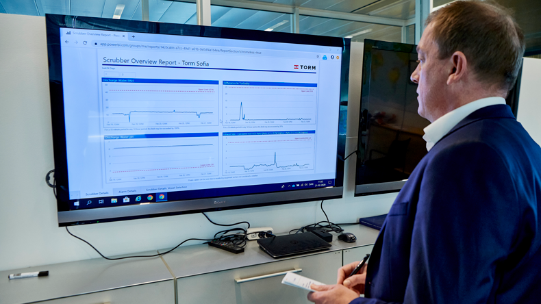 Jesper Jensen, Torm’s technical director, looking at the company’s Exhaust Gas Cleaning System dashboard 