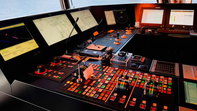 wheelhouse of a modern offshore ship with dynamic positioning systems