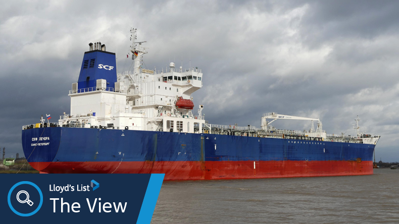 SCF Pechora (product tanker) under a moody sky