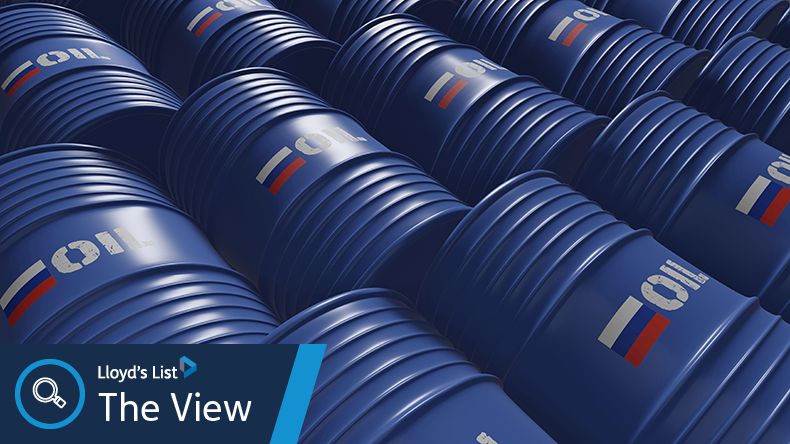 Blue metal oil barrels with Russia flag and oil written on them