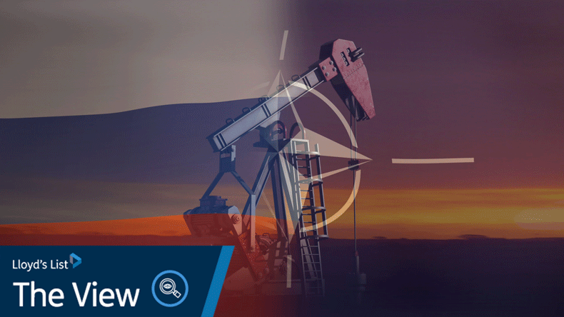 Image of flags of nato and russia over oil pump
