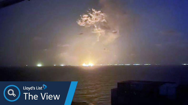 Fires blaze after a collision between a Hafnia product tanker and a Ceres Shipping crude oil tanker