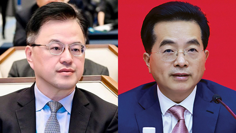 Wan Min, left, chairman, China Cosco Shipping Corp and Miao Jianmin, chairman, China Merchants