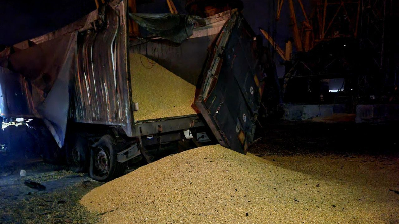 Damage to a truck carrying grain in Odesa, Ukraine after drone strike.