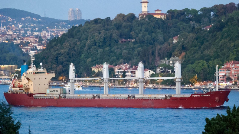 Matros Pozynich transiting the Bosphorus seen loaded with containers.