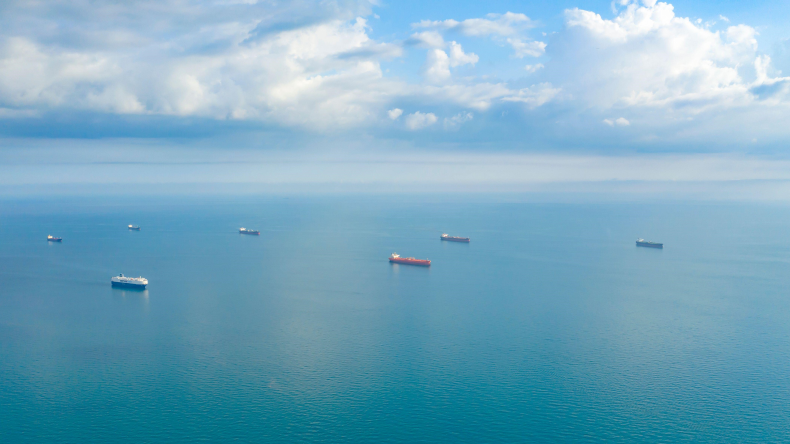 Tankers and other ships waiting offshore of Novorossiysk, Russia
