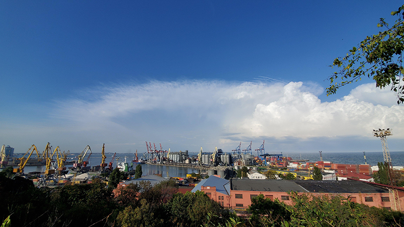 Grain elevator terminal and container area in Odessa, Ukraine