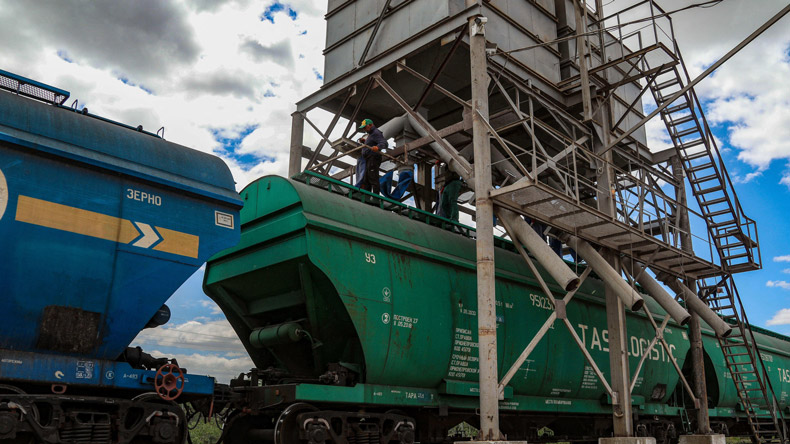 Grain being loaded into hopper cars, Odessa reegion