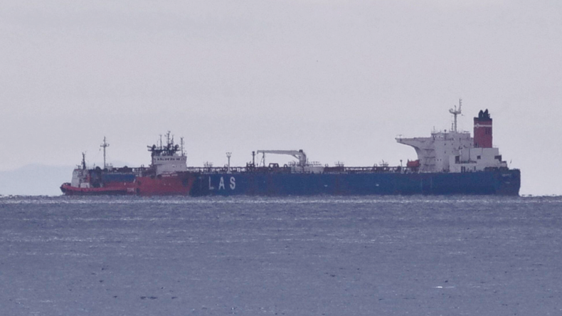 The sanctioned aframax Lana while still sailing as Pegas, seen anchored off the shore of Karystos, on the Island of Evia, Greece, April 19, 2022.