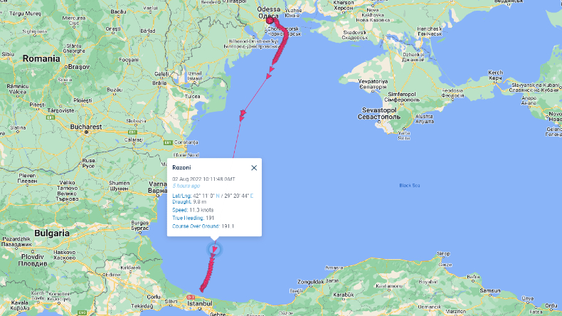 Bulk carrier Razoni journey map