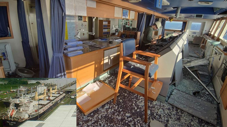 The bridge on bulker Yasa Jupiter after the bomb blast. Inset picture of ship from Seasearcher