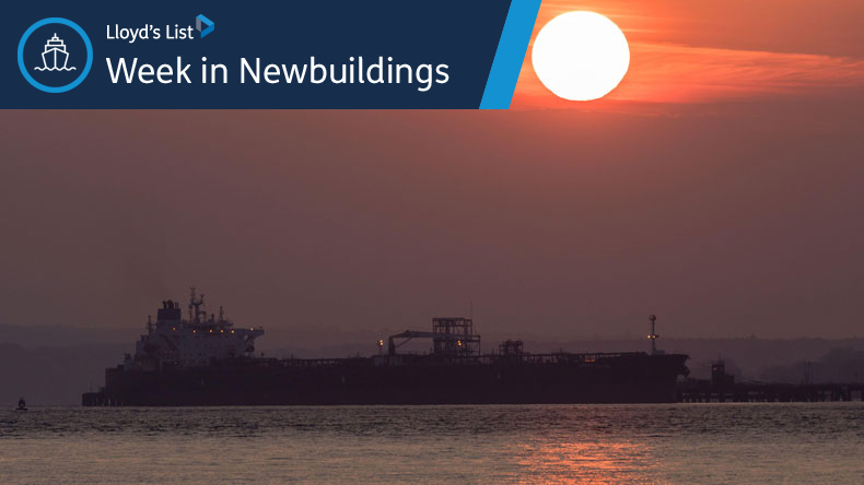 Aframax tanker at sea at sunset