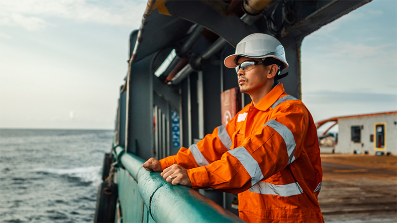 Filipino deck officer on deck of ship